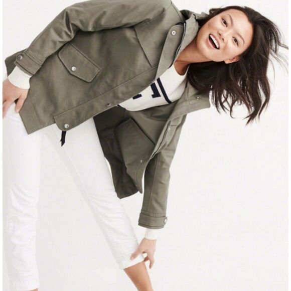 ABERCROMBIE & FITCH Green Waterproof Army Hooded Utility Rain Jacket Womens XS - Picture 11 of 11